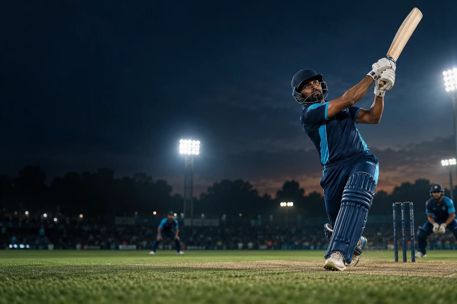 Illustrative cricket batter under the floodlights
